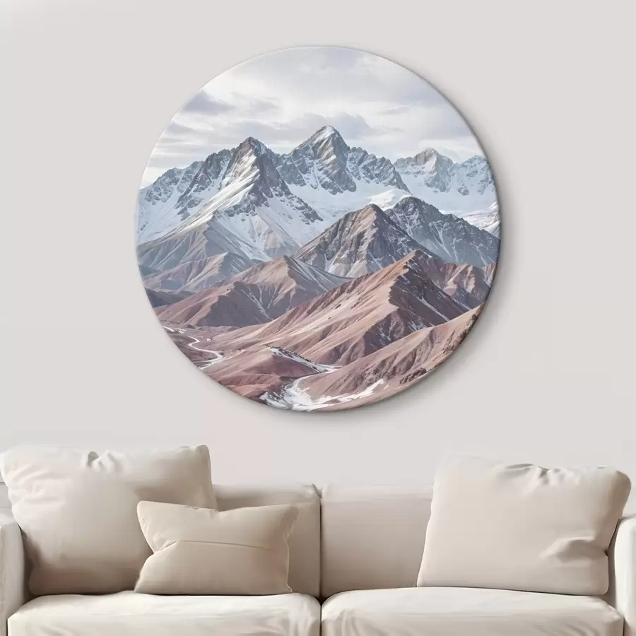 murales de pared Montañas escarpadas y nevadas con un río serpenteante que fluye por un paisaje vasto y colorido r41262