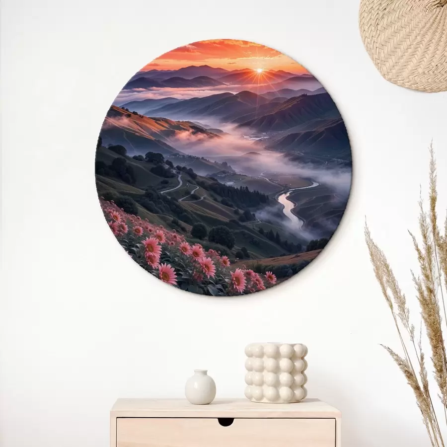 murales de pared Impresionante paisaje con una vívida puesta de sol sobre una región montañosa con racimos de flores rosas r41263