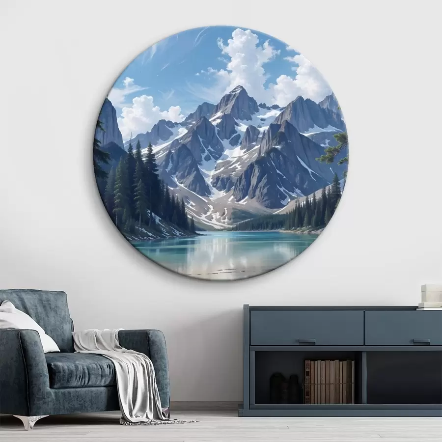 murales de pared Un tranquilo lago alpino rodeado de majestuosas montañas nevadas, con un denso bosque y un cielo nublado r41264