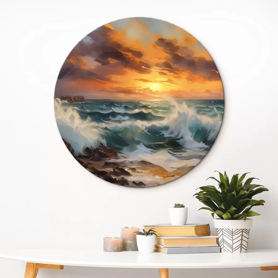 murales de pared Dramático paisaje marino con olas rompiendo y acantilados rocosos, sobre un cielo naranja y amarillo con nubes r41266