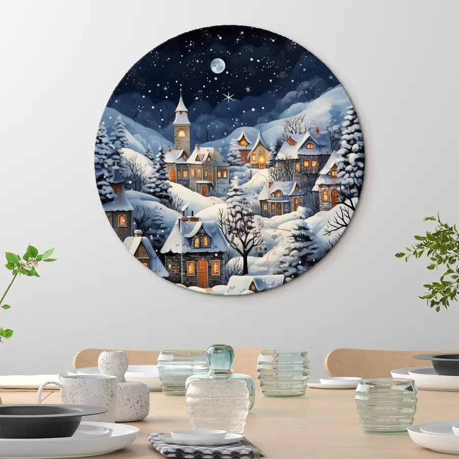 murales de pared Paisaje invernal con casas de campo cubiertas de nieve sobre el fondo del cielo nocturno estrellado r41275