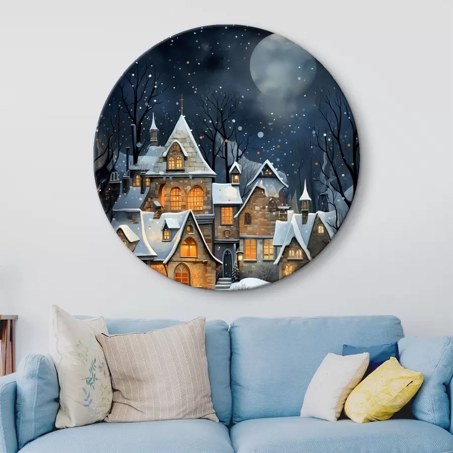 murales de pared Casas en la nieve contra el cielo nocturno estrellado r41276