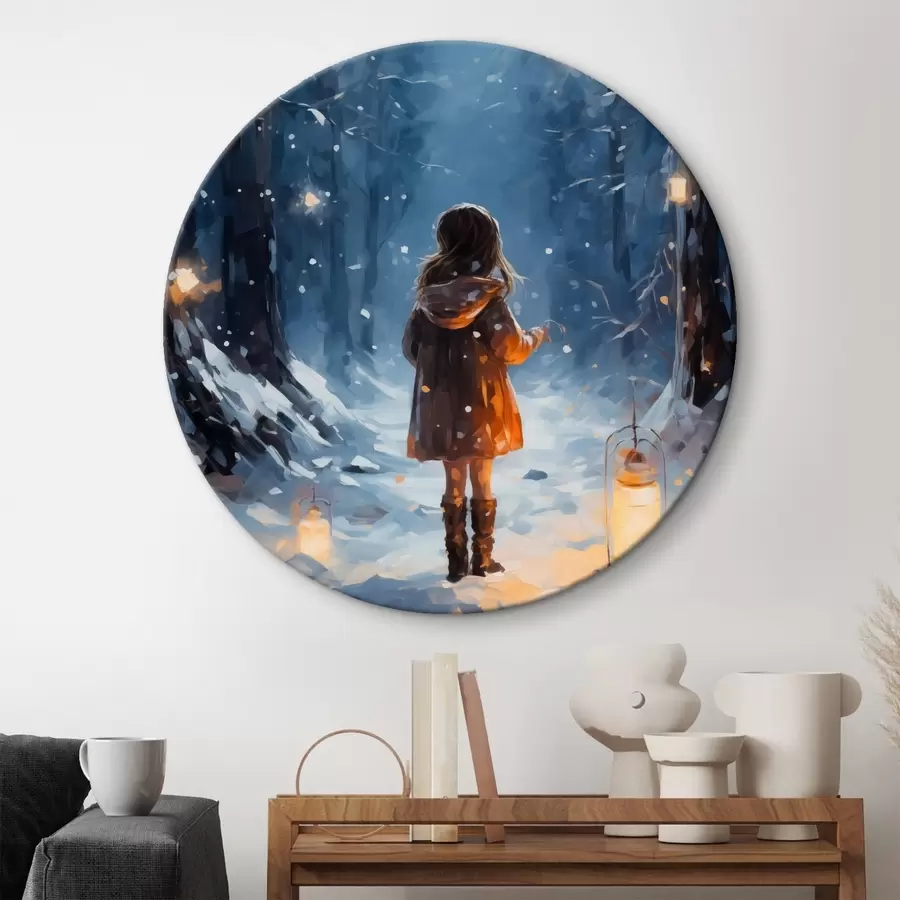 murales de pared Niña en el bosque nocturno de invierno entre árboles y farolillos r41277