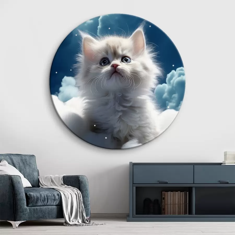 murales de pared Un gatito blanco y esponjoso en el cielo se sienta en una nube r41279