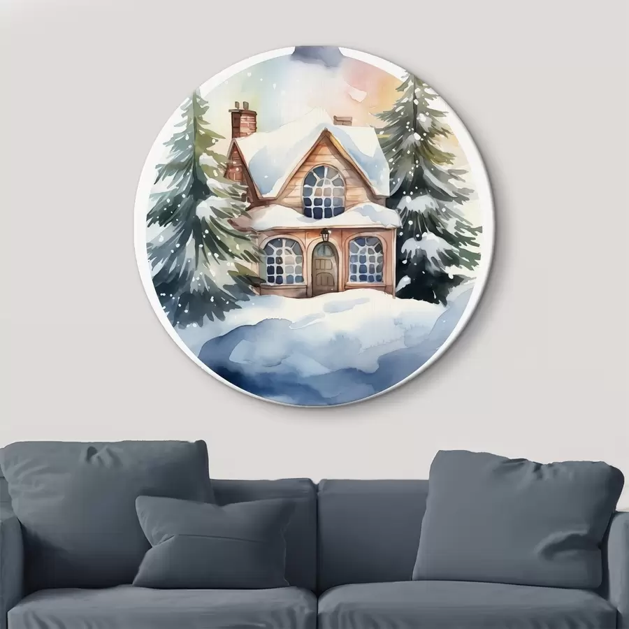 murales de pared Bola decorativa navideña con una casa de nieve y pinos en acuarela r41363