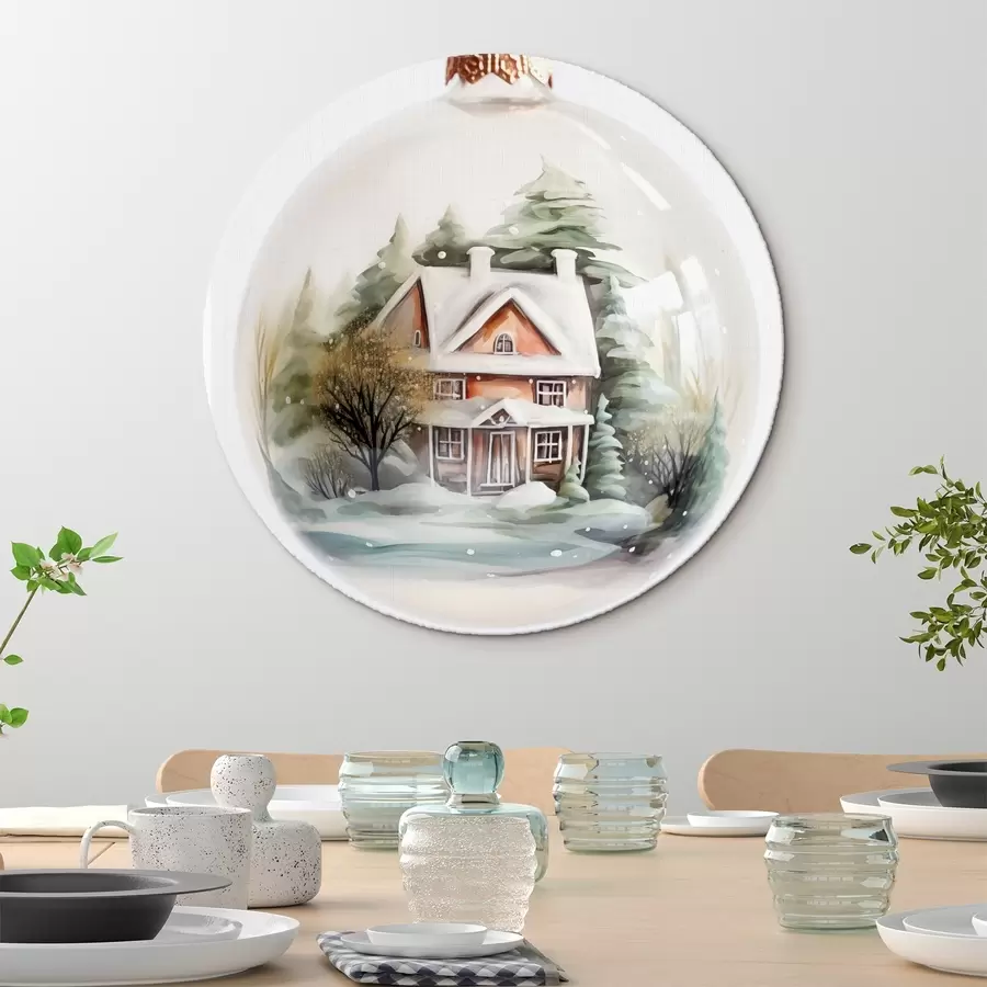 murales de pared Bola de cristal con casa de acuarela y árboles en la nieve r41365