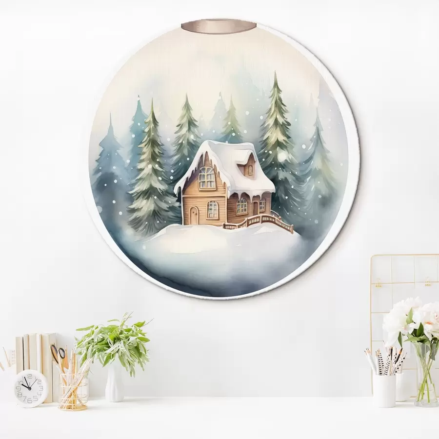 murales de pared Bola de cristal de acuarela con paisaje invernal, casa en el bosque, nieve r41366