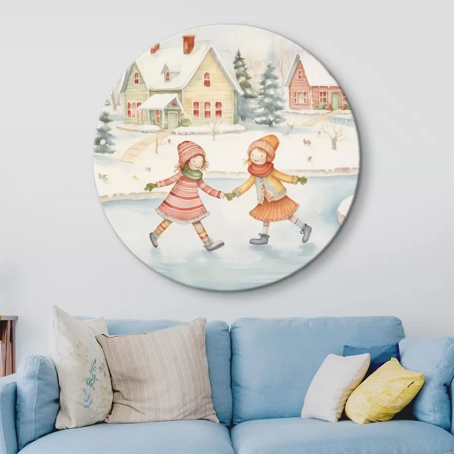 murales de pared Escena invernal con dos chicas patinando, ciudad invernal, casas, bosque r41377