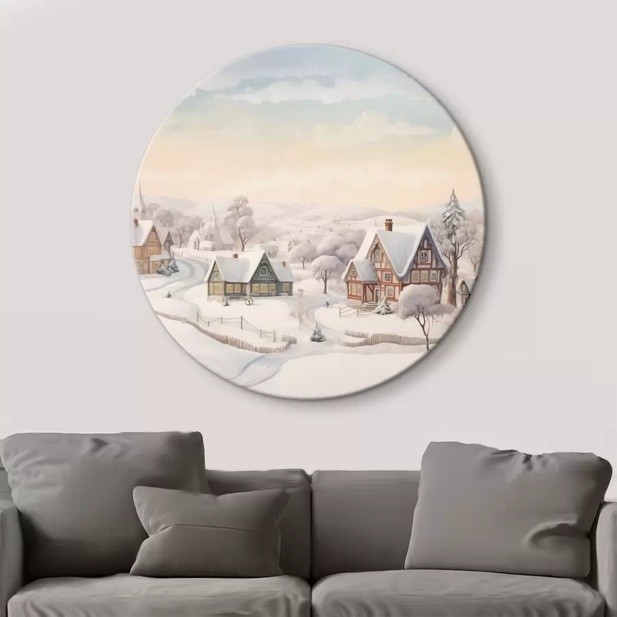murales de pared Hermoso paisaje de invierno con pueblo, árboles, casas, acuarela r41379
