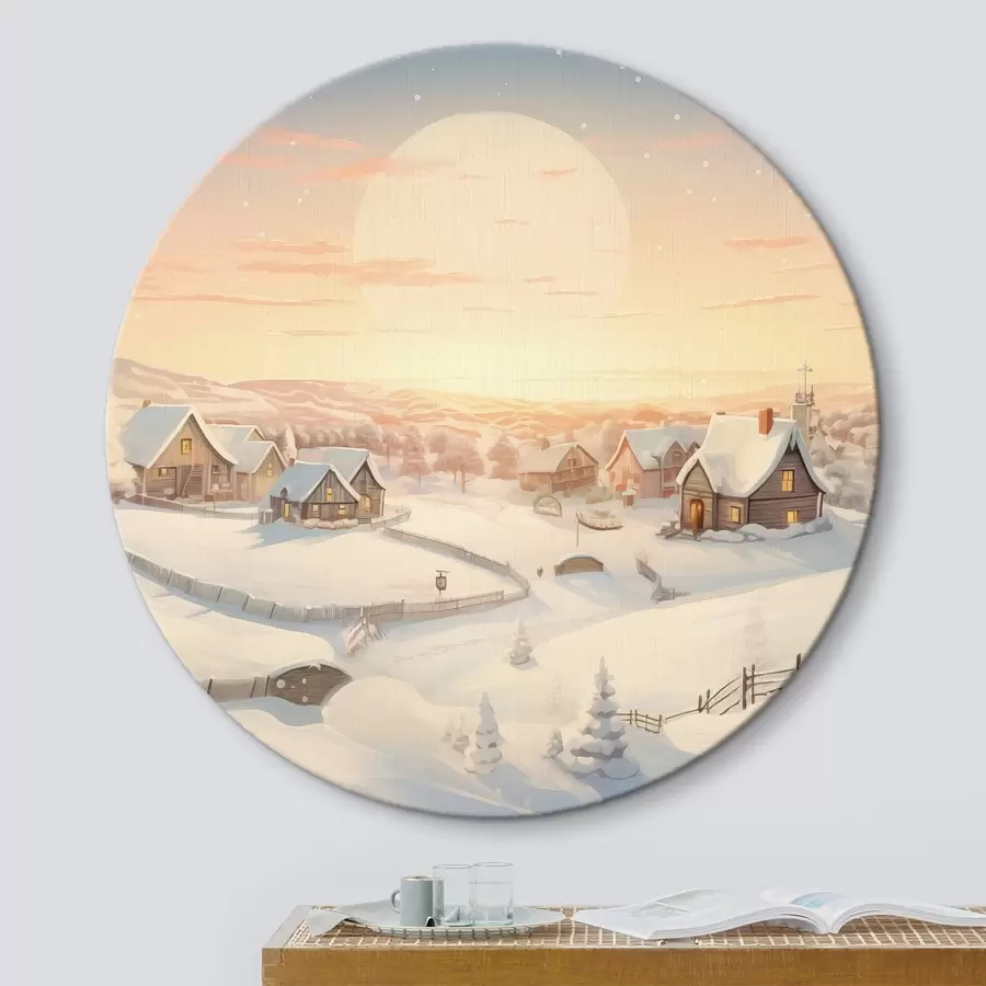 murales de pared Pueblo de invierno al atardecer, casas cubiertas de nieve, pinos r41380