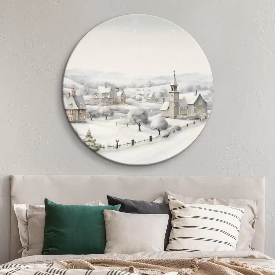 murales de pared Hermoso pueblo de invierno, árboles, casas, acuarela, montañas r41382