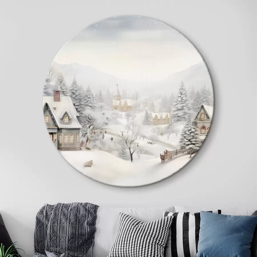 murales de pared Hermoso paisaje de invierno con pueblo, pinos, casas, montañas r41384