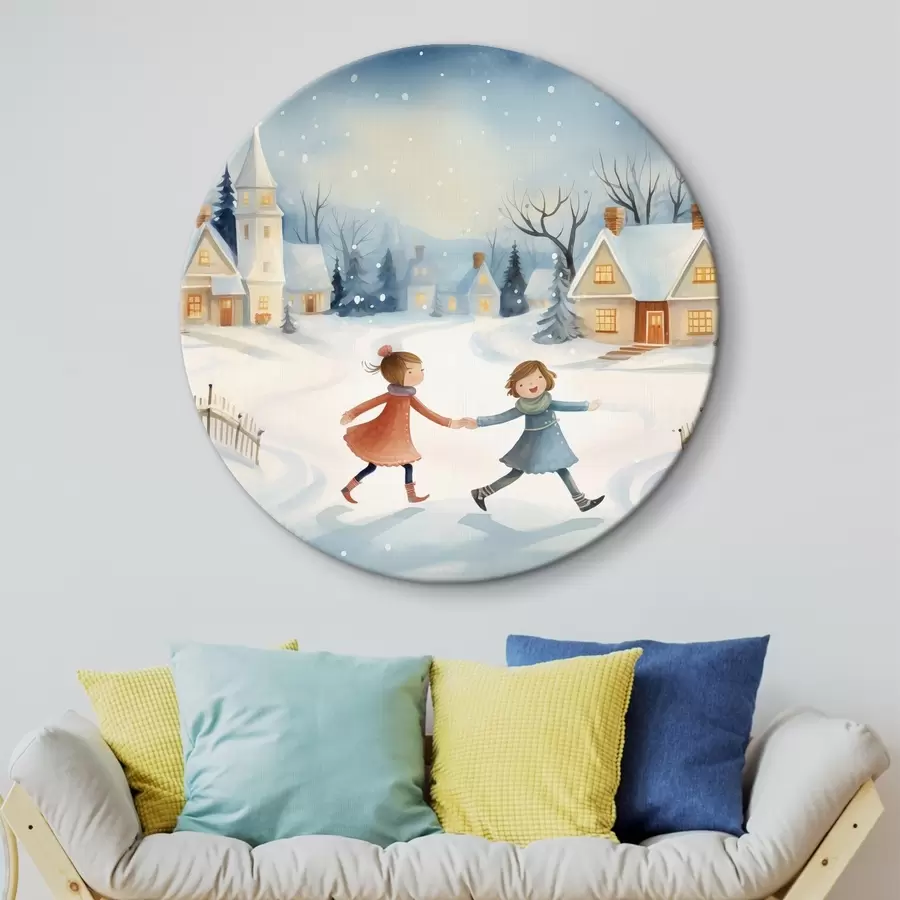 murales de pared Niñas en el pueblo de invierno, copos de nieve, acuarela, casas, bosque r41385