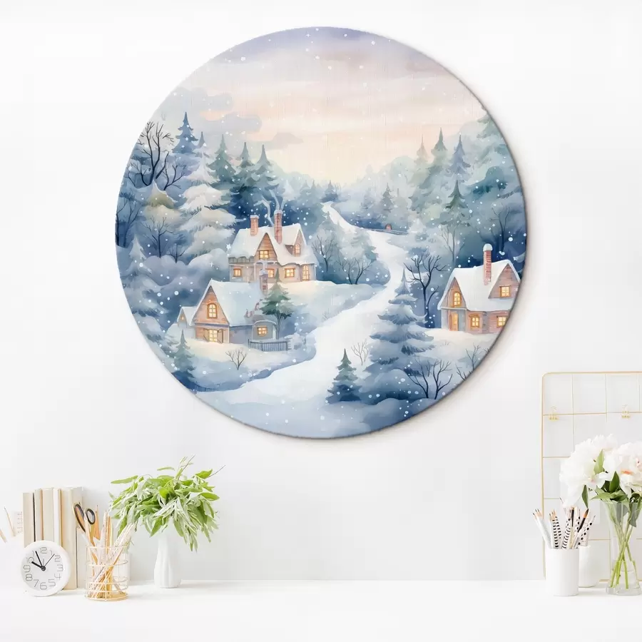 murales de pared Acuarela paisaje invernal, bosque de pinos, casas r41387