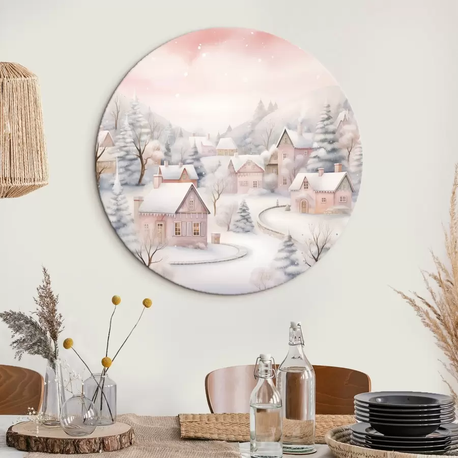 murales de pared Acuarela pueblo de invierno, bosque de pinos, casas, montañas, colores pastel suaves r41388