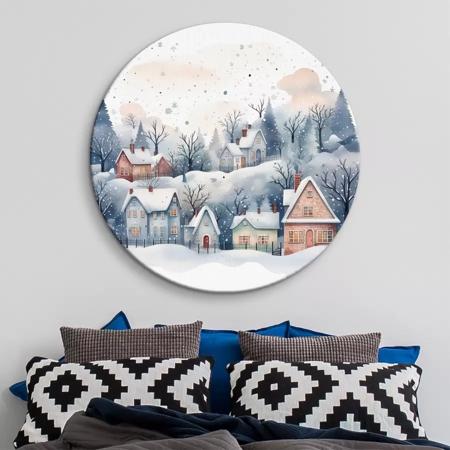 murales de pared Paisaje invernal en acuarela con casas y bosque de pinos r41389