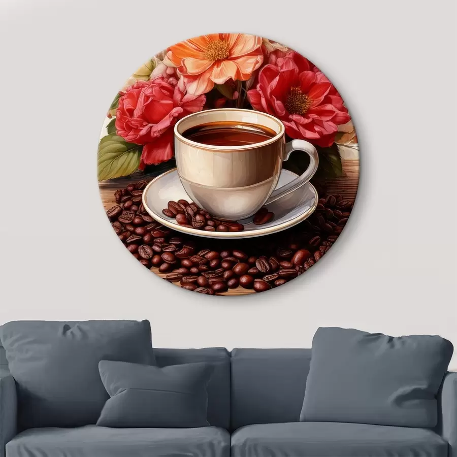 murales de pared una taza de café y un ramo de flores r41411