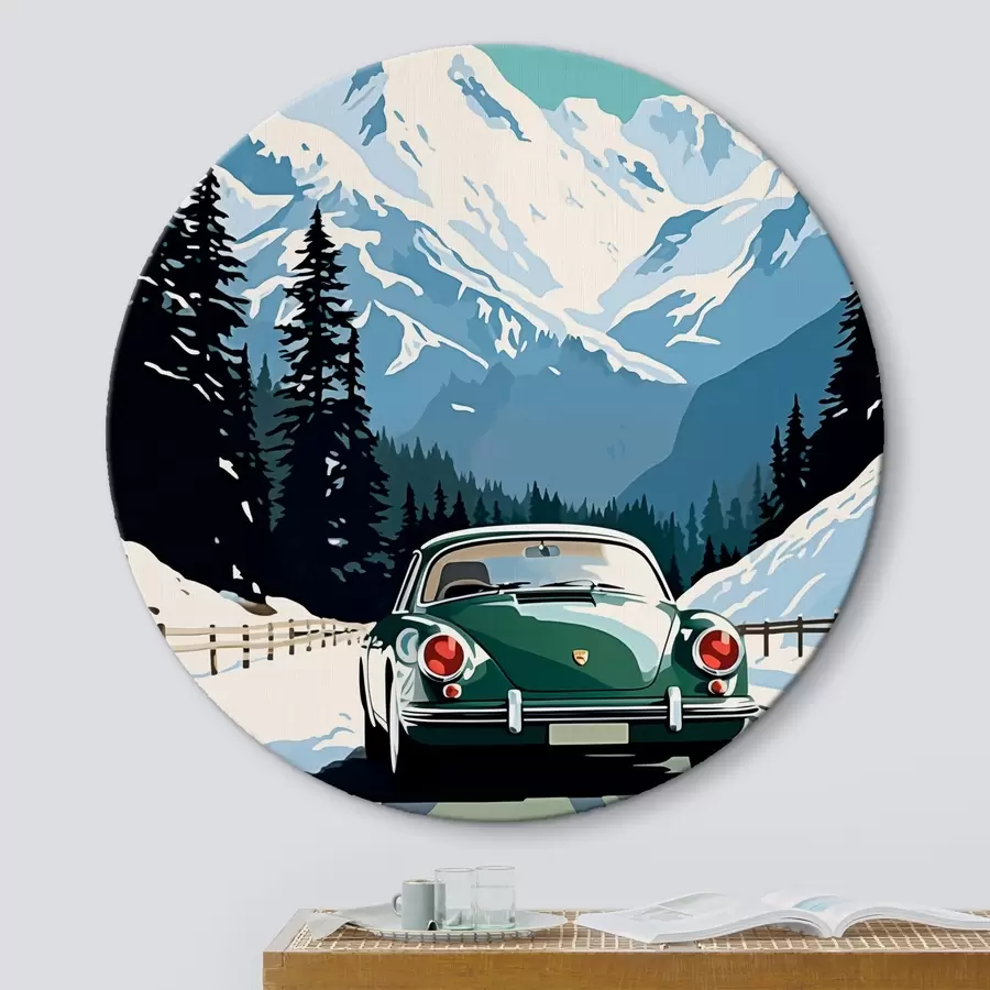 murales de pared Coche retro en una carretera de montaña invernal r41478