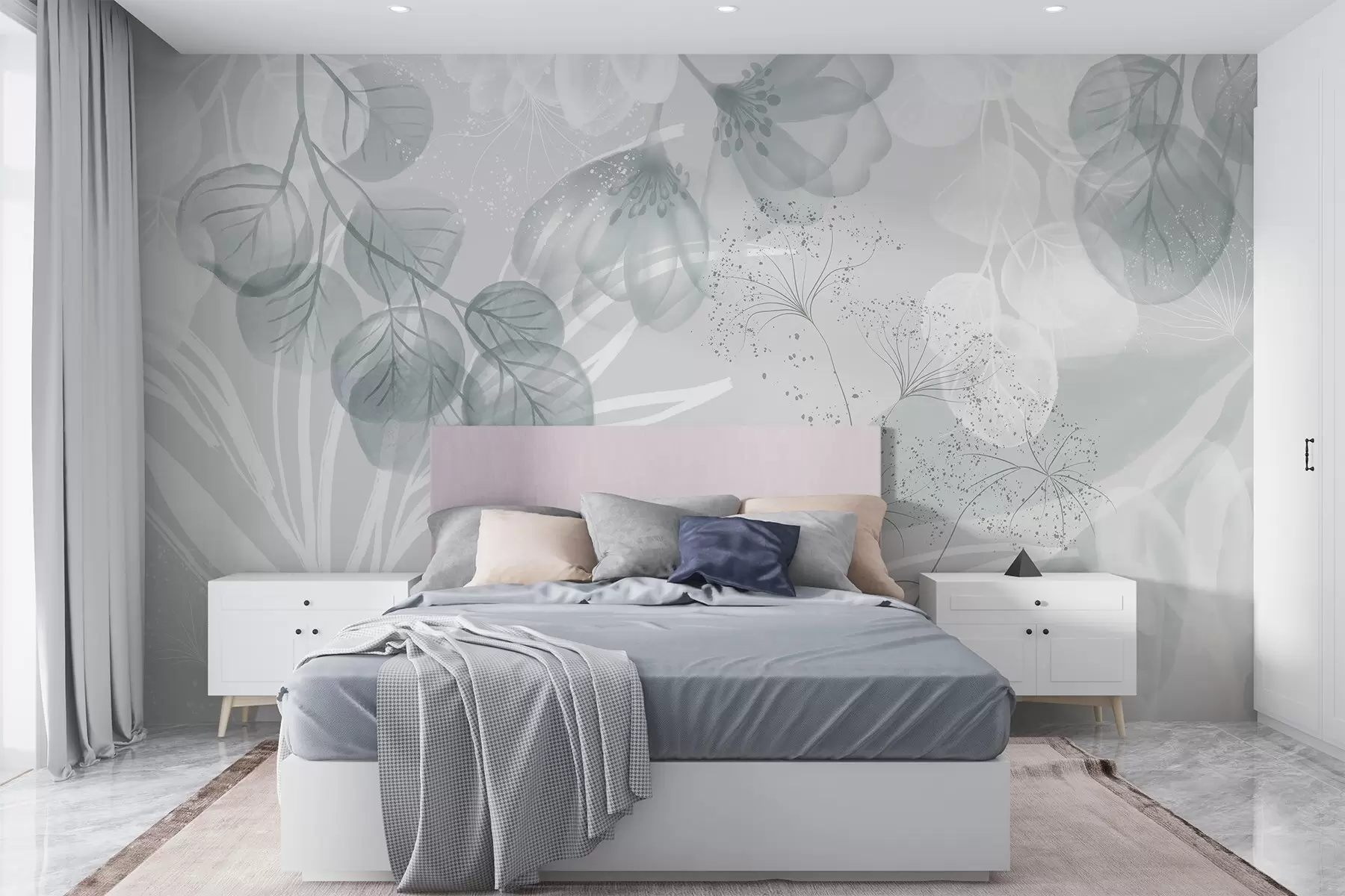 murales de pared Elementos florales de eucalipto en tonos azules y blancos con hojas y pétalos superpuestos de estilo minimalista w08599