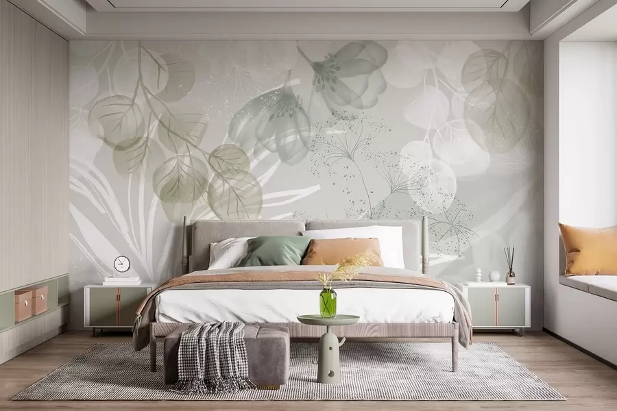 murales de pared Elementos florales de eucalipto en tonos verdes y blancos con hojas y pétalos superpuestos de estilo minimalista w08599v1