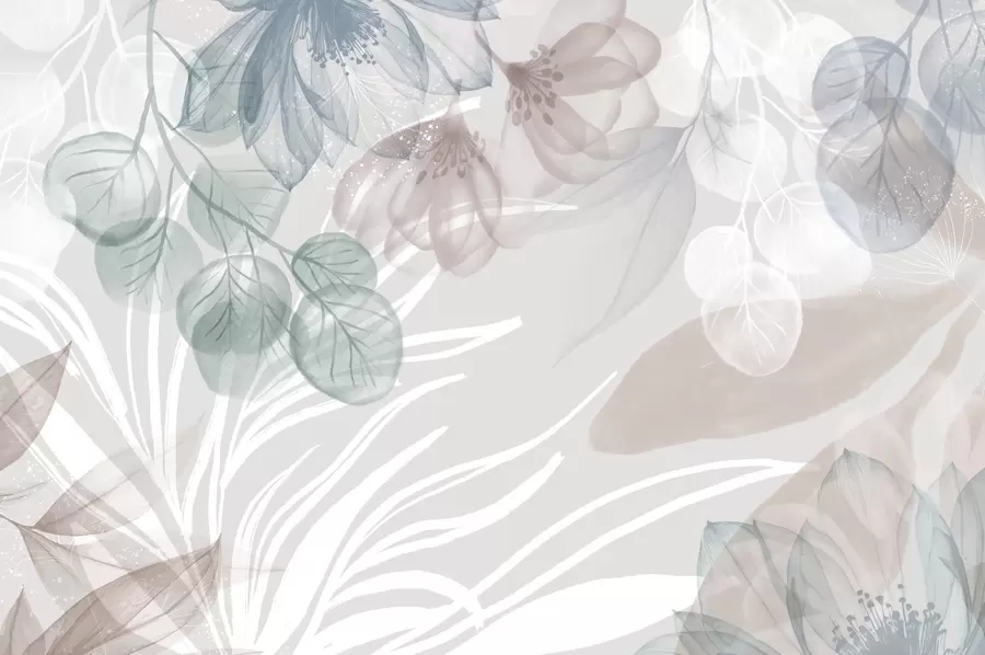 murales de pared Estampado floral en tonos pastel con grandes flores y hojas abstractas transparentes en tonos grises, rosas y verdes w08600