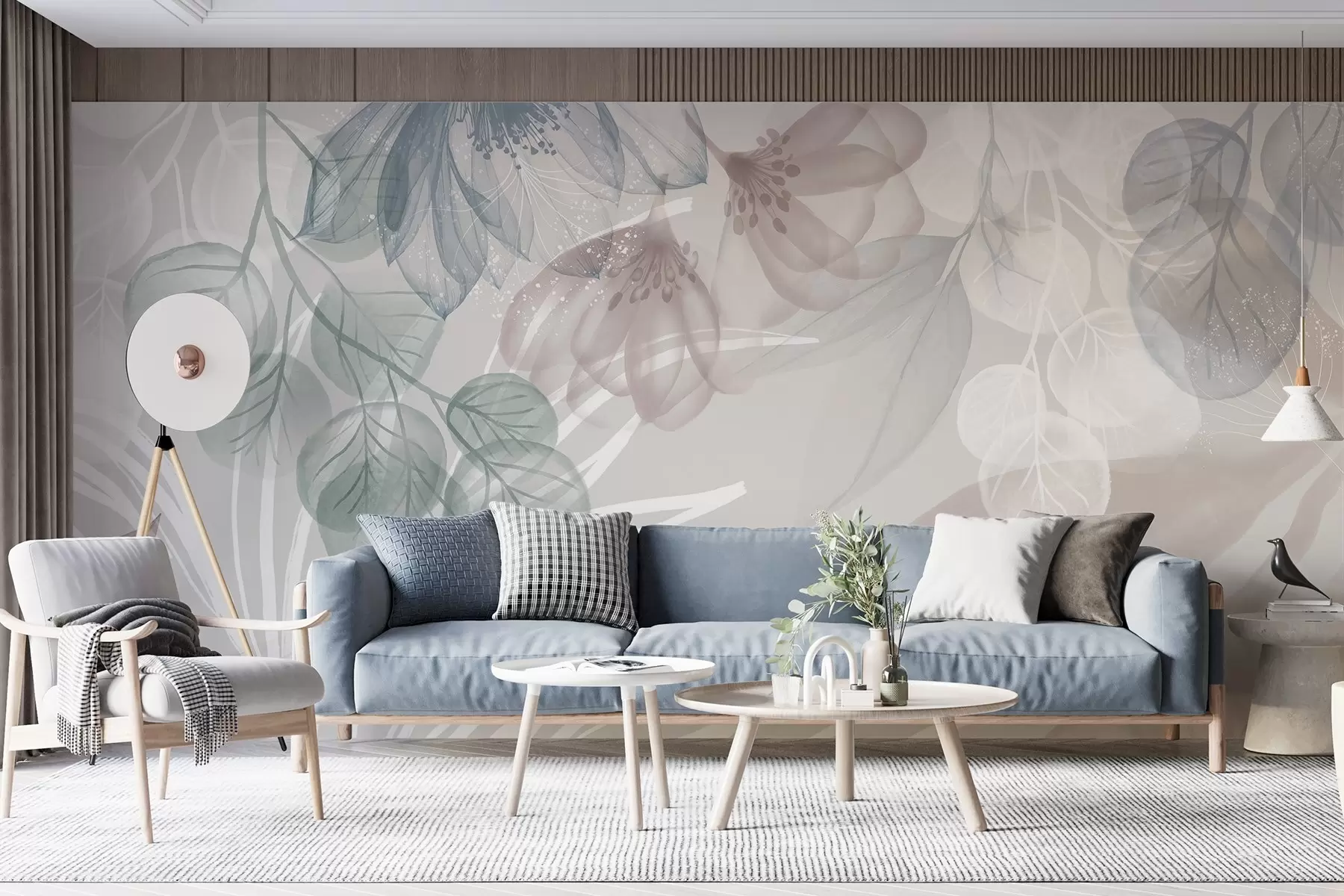 murales de pared Estampado floral en tonos pastel con grandes flores y hojas abstractas transparentes en tonos grises, rosas y verdes w08600