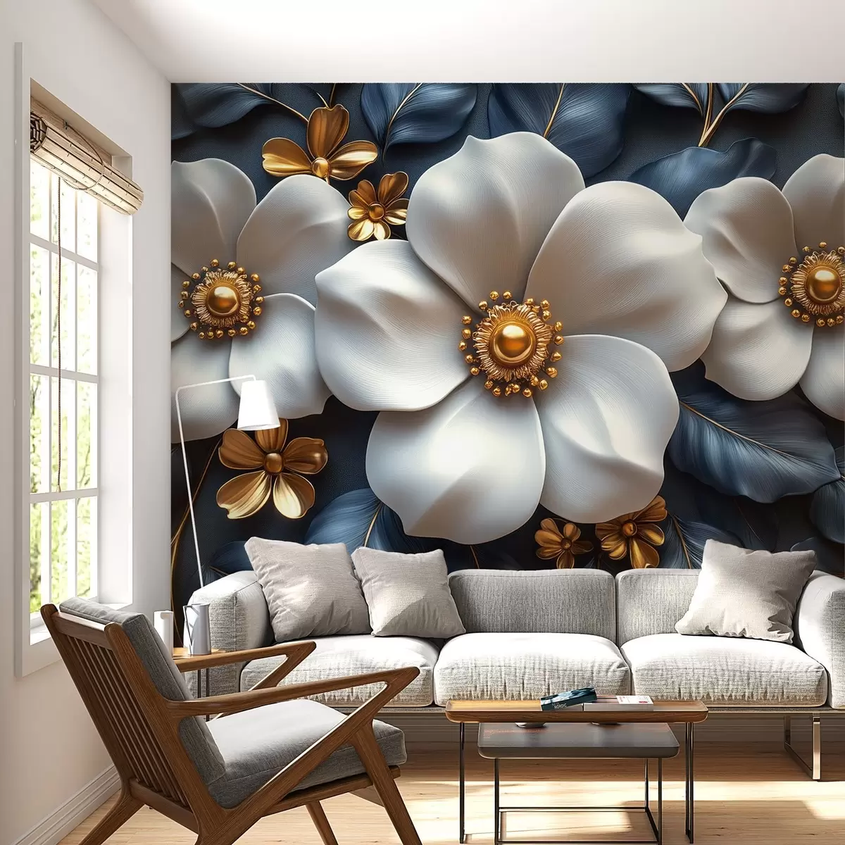murales de pared Grandes flores blancas sobre un elegante fondo azul con hojas w08559