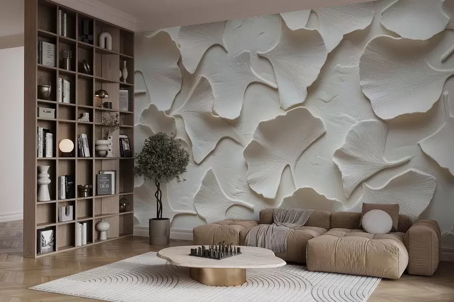 murales de pared Estuco con delicado relieve de hojas de ginkgo sobre fondo blanco w08560v1