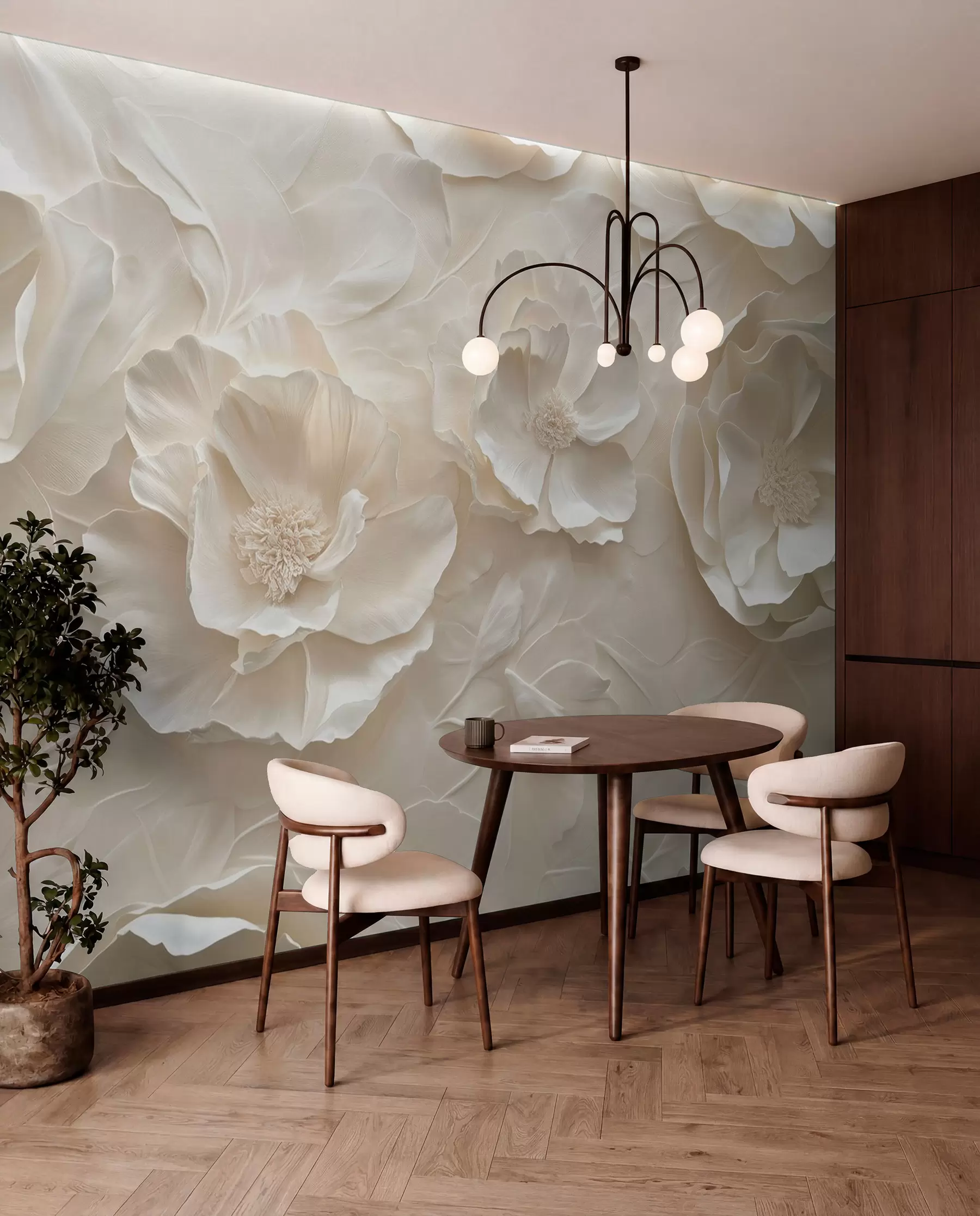 murales de pared Flores aéreas en tonos cálidos sobre un fondo de trazos de hojas w08562