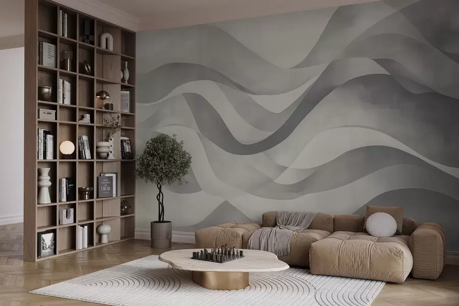murales de pared Ondas suaves en tonos grises y azules en estilo acuarela w08564v1