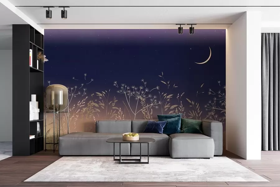 murales de pared Dientes de león con flores silvestres sobre un fondo de puesta de sol con un cielo azul y la luna w08567