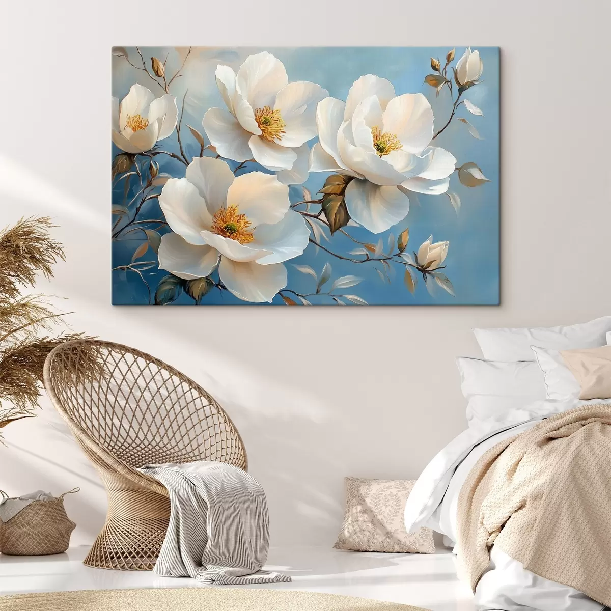 murales de pared Grandes flores blancas sobre fondo azul s42321