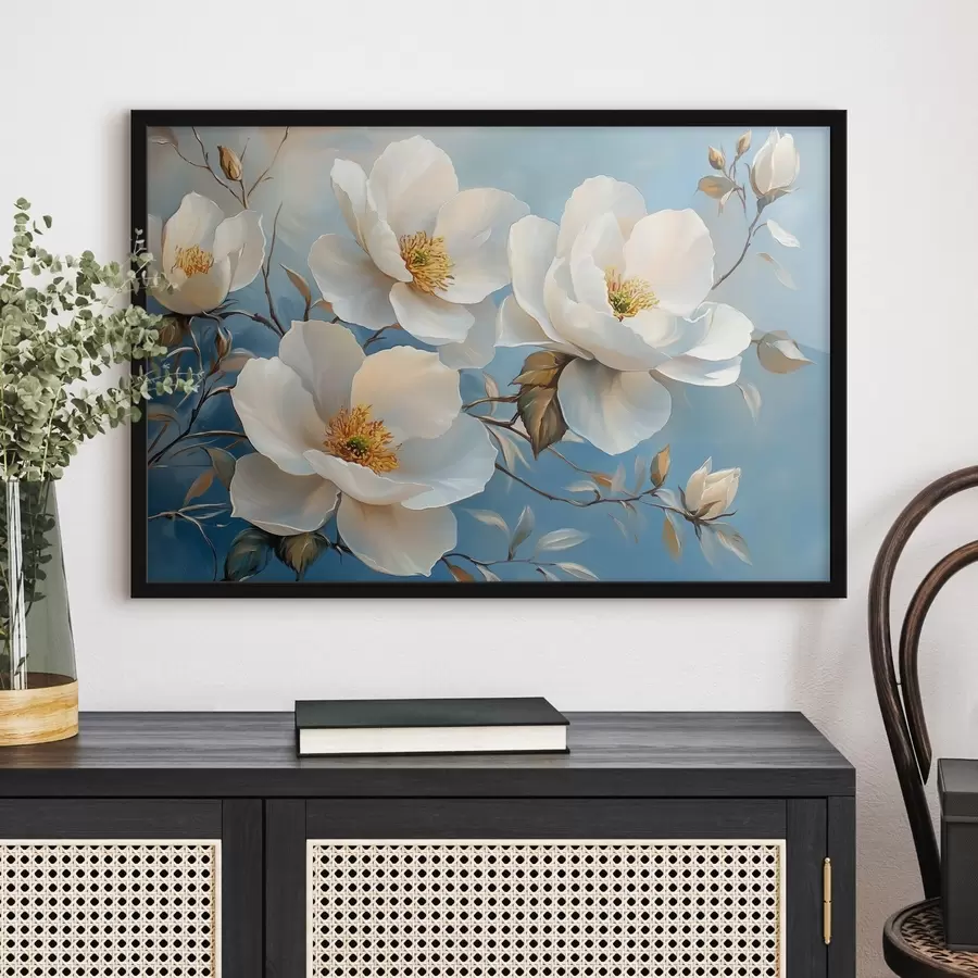 murales de pared Grandes flores blancas sobre fondo azul f42321