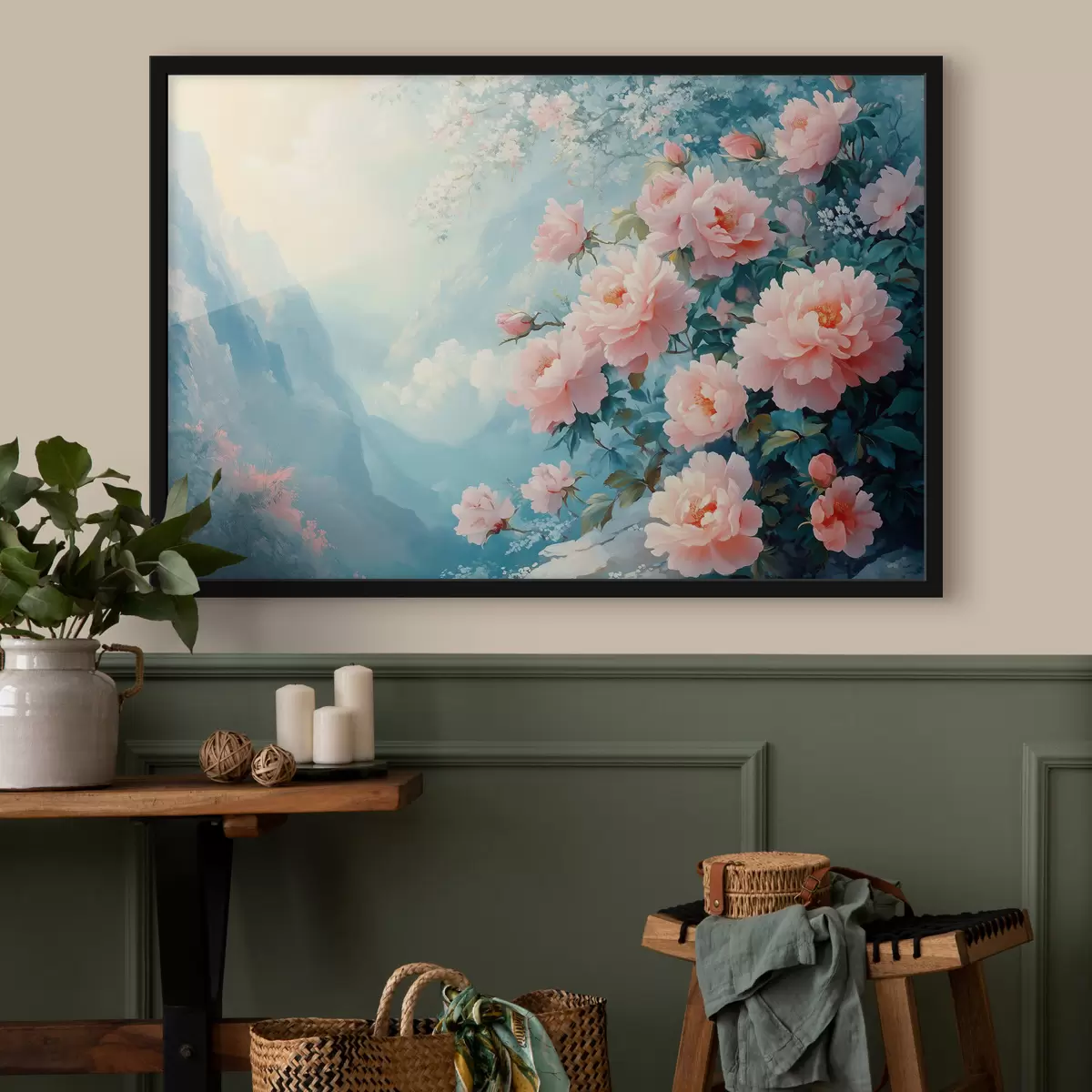 Poster Montañas azules y flores en primer plano f42324