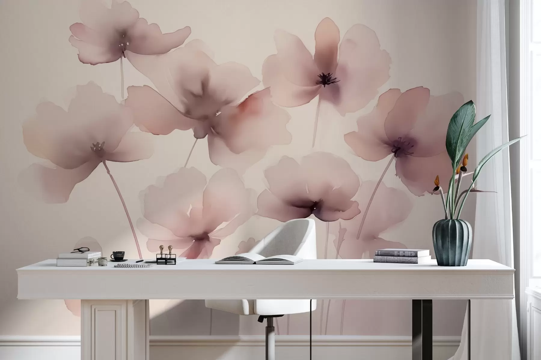 murales de pared Siluetas de flores imitación de acuarela borrosa w02704