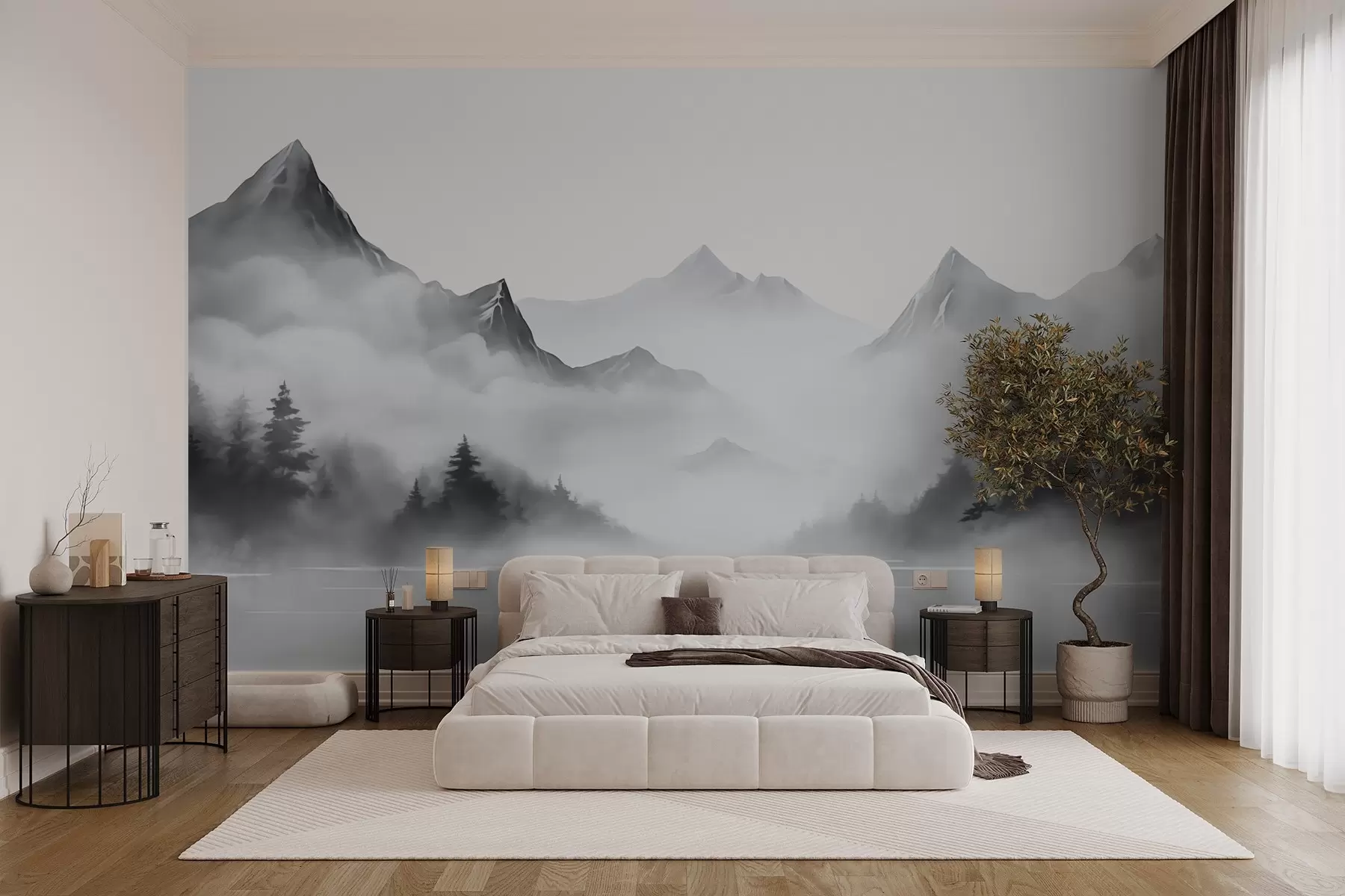 murales de pared Siluetas de montañas y bosques imitación de acuarela difuminada w02706