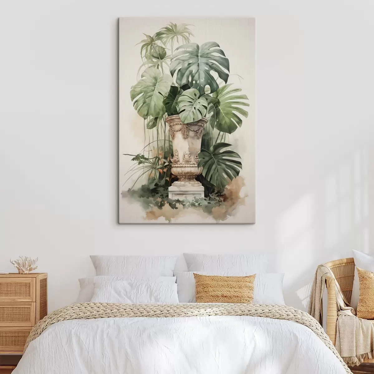 murales de pared Hojas de monstera tropical sobre una columna imitación acuarela s42351