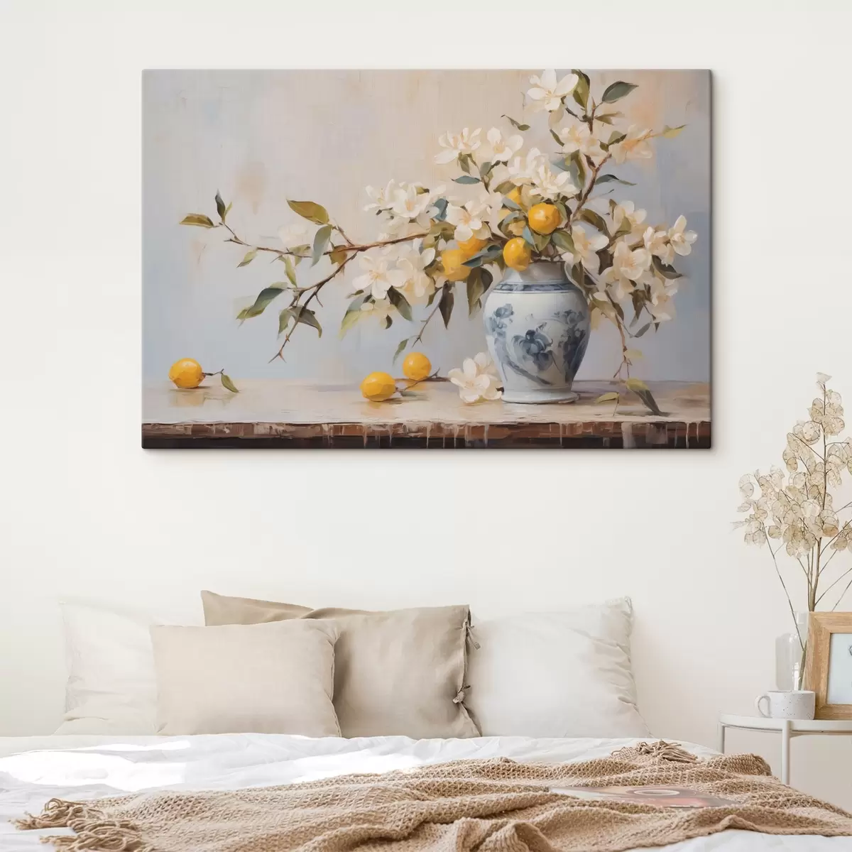 murales de pared Jarrón con ramos de flores blancas y pintura imitación limón s42360