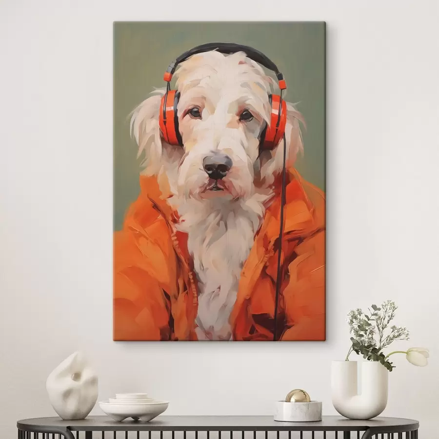 murales de pared Perro blanco con chaqueta naranja y auriculares imitación pintura s42364