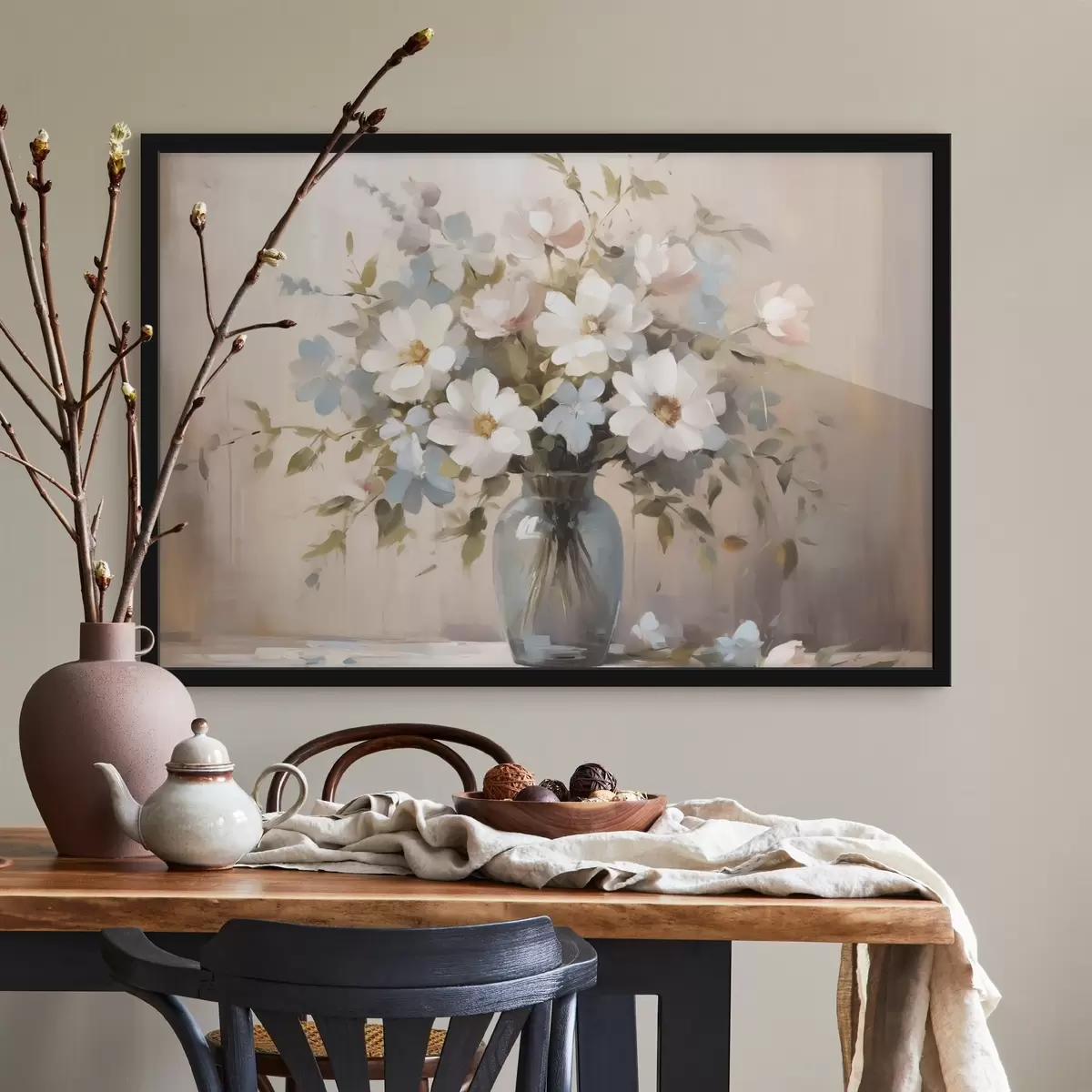 Poster Ramo de flores y ramitas en un jarrón imitación de pintura f42356