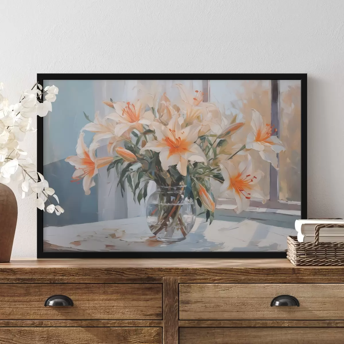 Poster Lirios en un jarrón de cristal imitación de pintura f42359