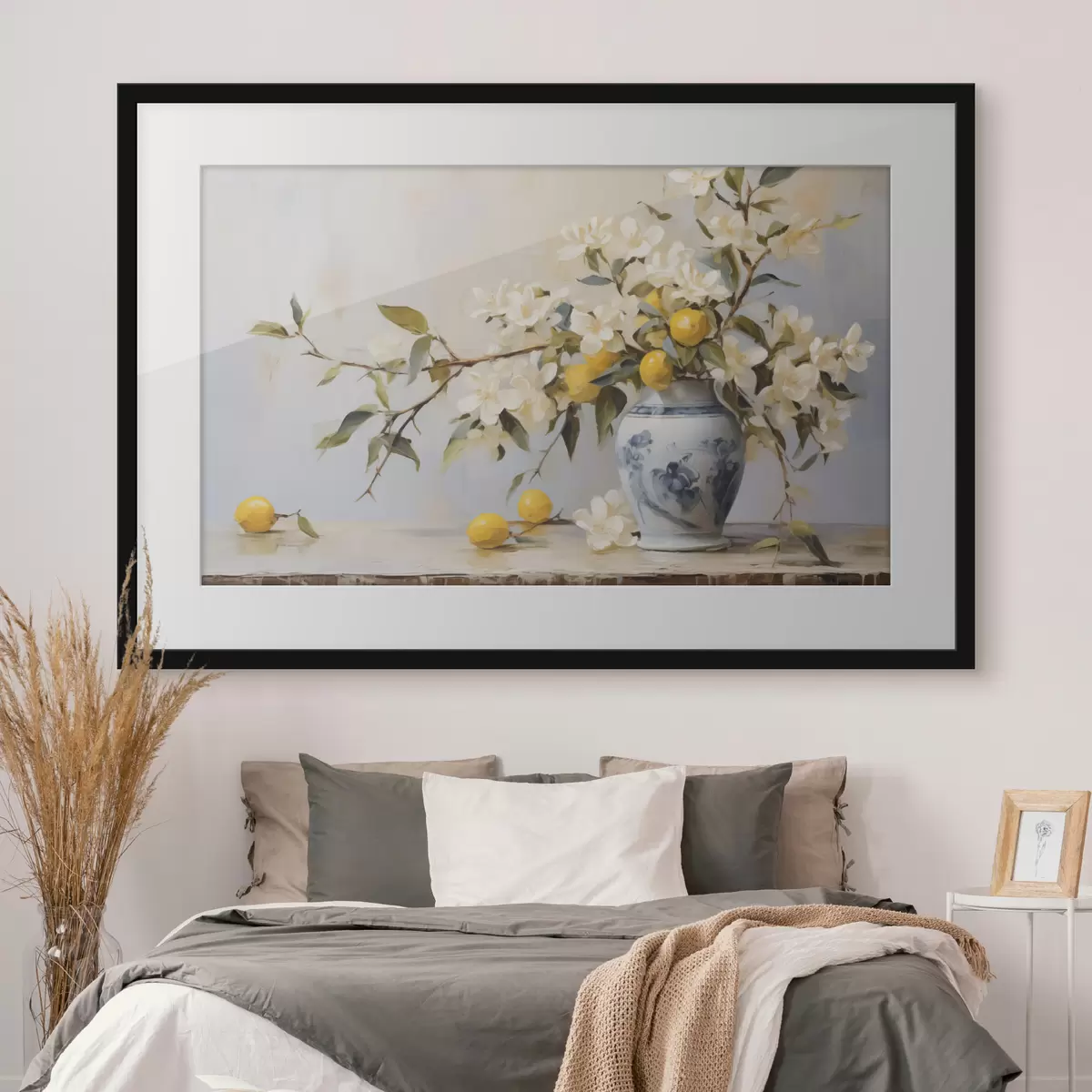 Poster Jarrón con ramos de flores blancas y pintura imitación limón f42360