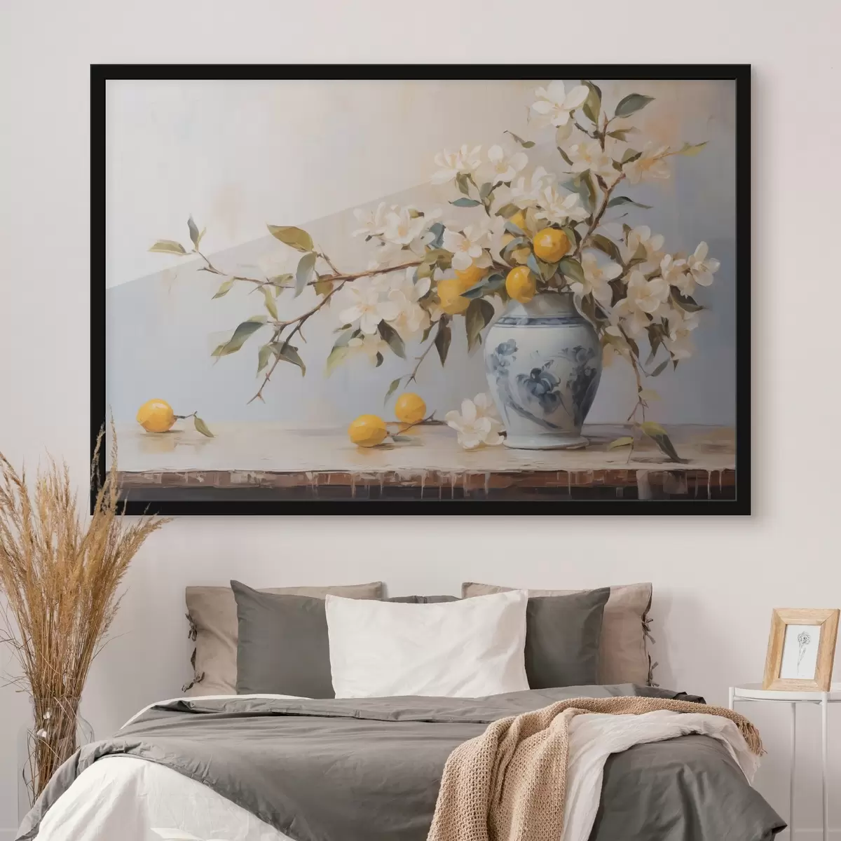 Poster Jarrón con ramos de flores blancas y pintura imitación limón f42360