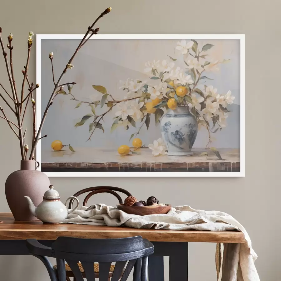 murales de pared Jarrón con ramos de flores blancas y pintura imitación limón f42360