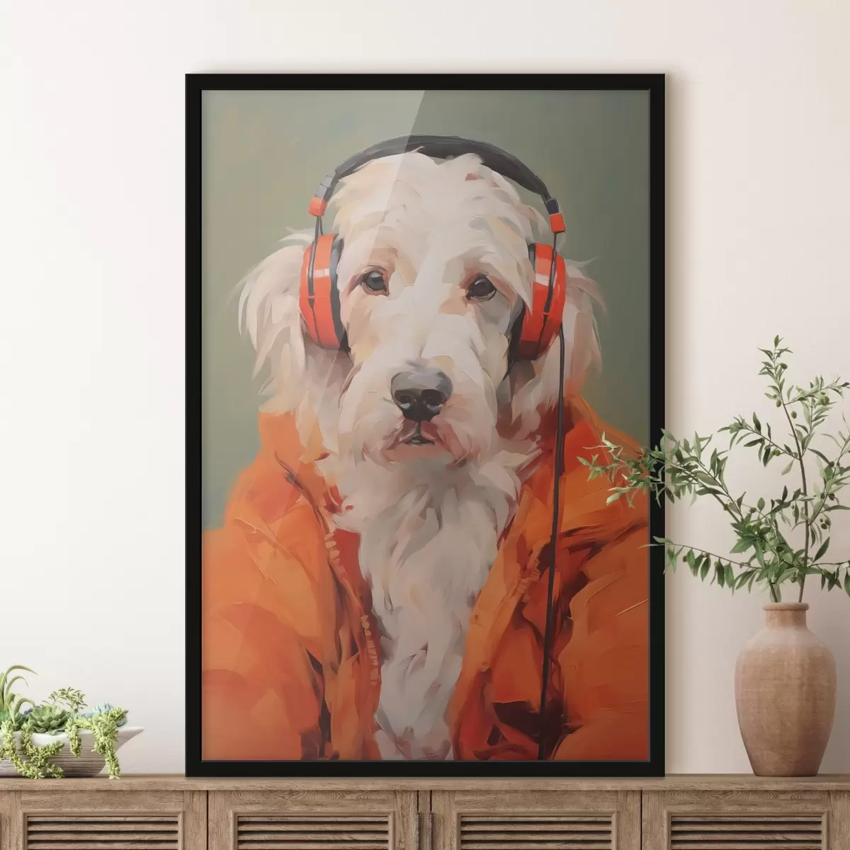 Poster Perro blanco con chaqueta naranja y auriculares imitación pintura f42364