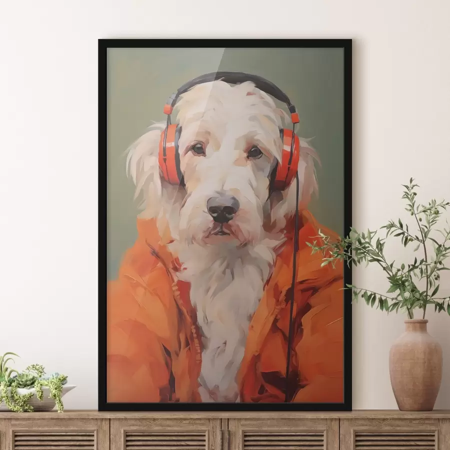 murales de pared Perro blanco con chaqueta naranja y auriculares imitación pintura f42364
