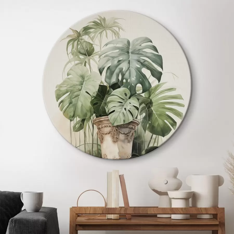 murales de pared Hojas de monstera tropical sobre una columna imitación acuarela r42351