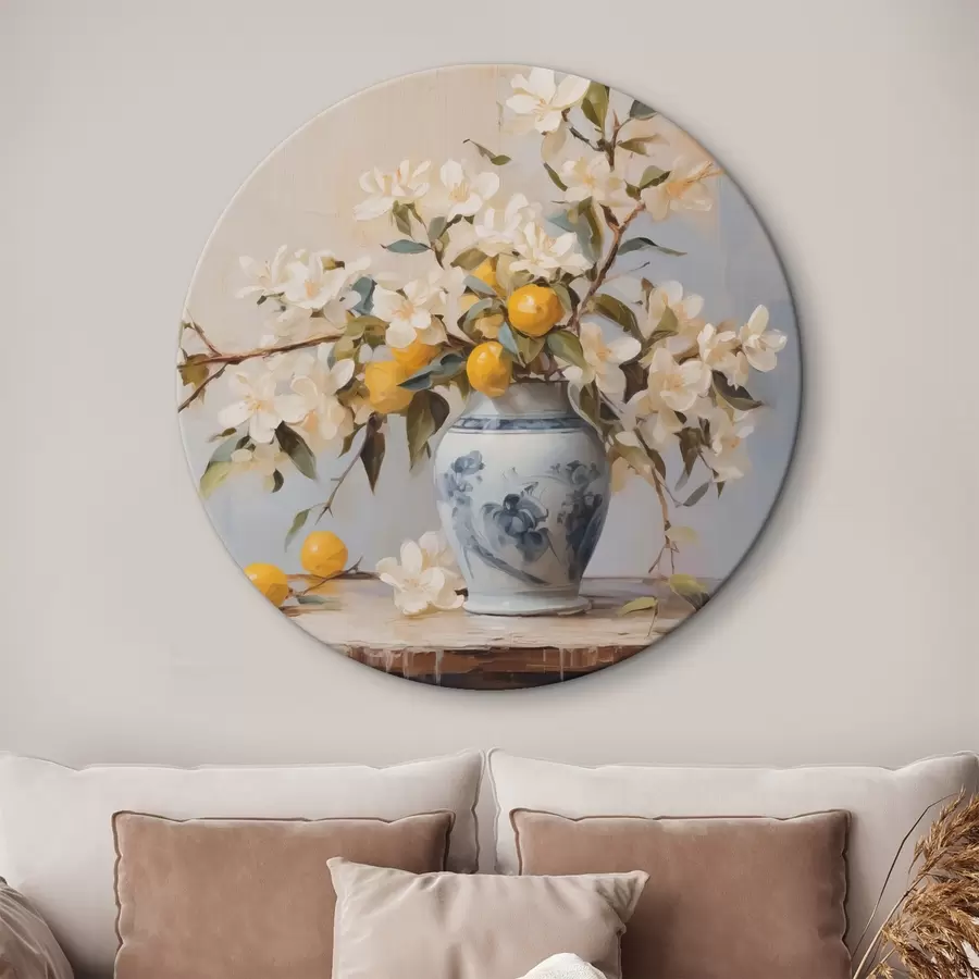 murales de pared Jarrón con ramos de flores blancas y pintura imitación limón r42360