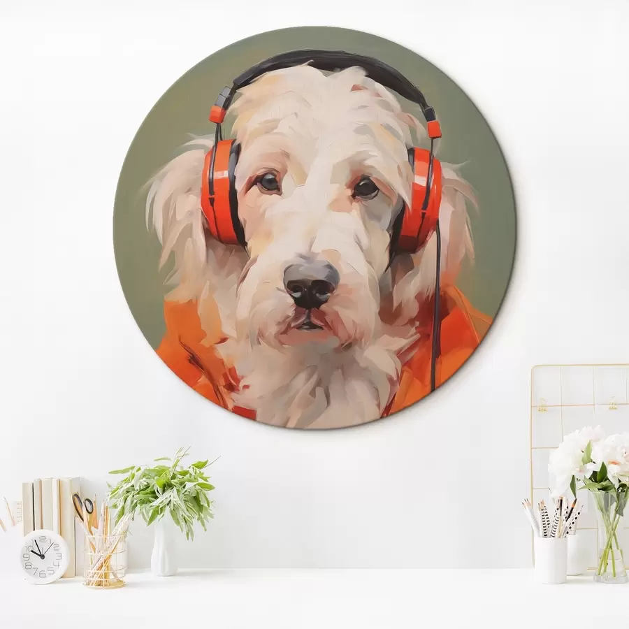 murales de pared Perro blanco con chaqueta naranja y auriculares imitación pintura r42364