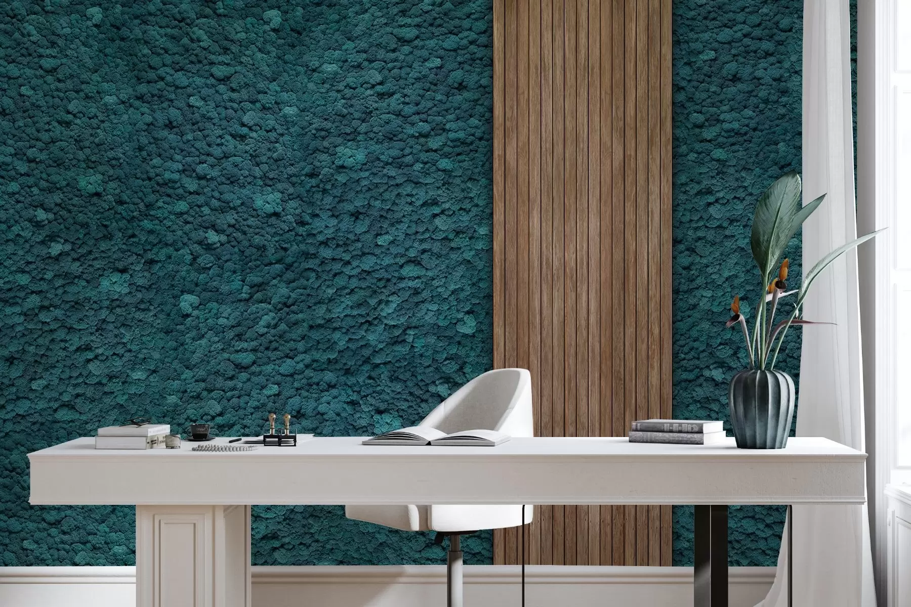 murales de pared Pared estilo musgo con panel de madera, exuberantes colores azules w02656v2